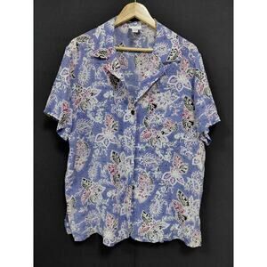 CASUAL CORNER Floral Shirt Blue Short Sleeve Collared 100% Silk Men Size M